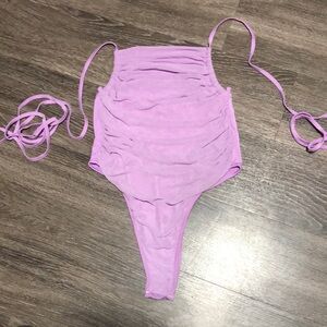 Purple Ruched High Cut Bodysuit - Halter Tie & Open Back Loops - Trendy Clubwear